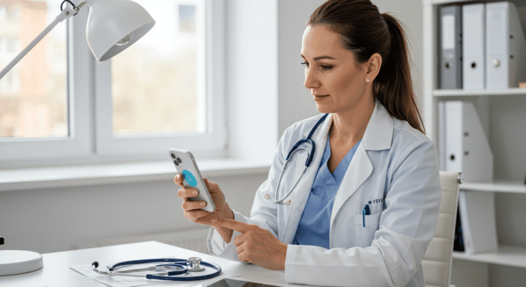 Mécia utilizando aplicativo para automatizar a transcrição de consultas e ganhar mais tempo