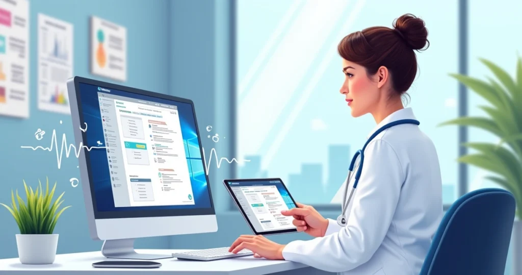Computador e tablet exibindo software de automação médica com transcrição de consultas em tempo real