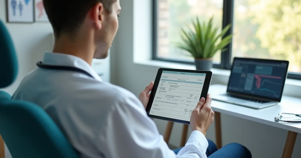 Médico usando tablet para anamnese digital durante consulta clínica em ambiente moderno