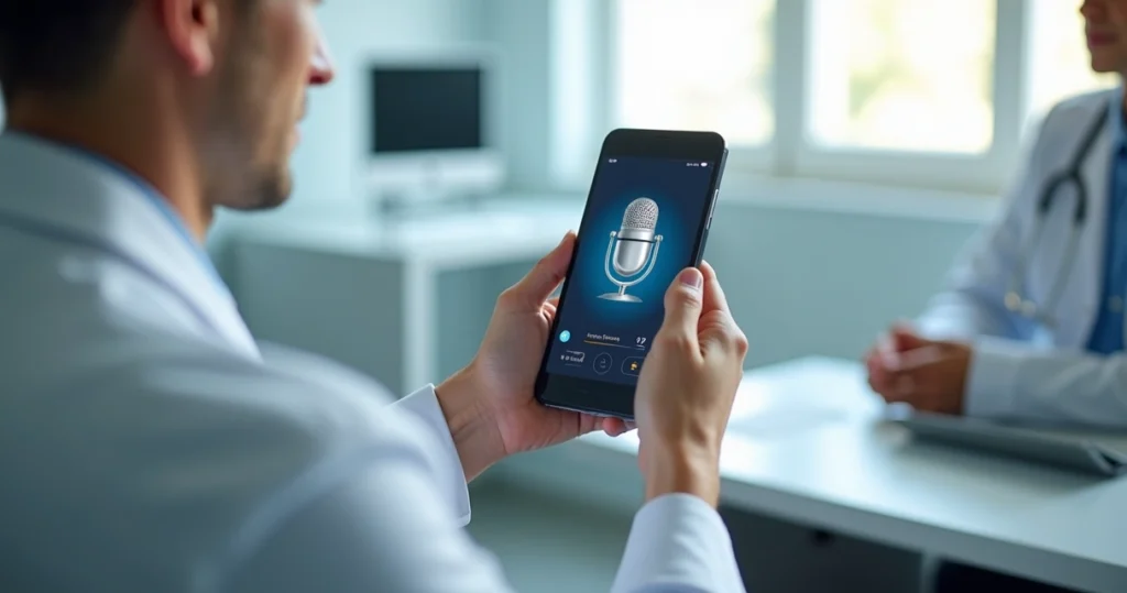 Médico segurando smartphone com aplicativo de gravação ligado durante consulta em consultório moderno