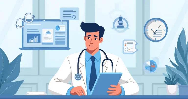 Médico sentado em mesa, olhando para tela com documentos digitais e gráficos ao redor