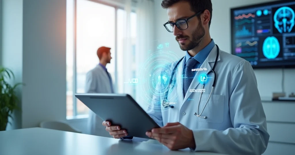 Consultório médico moderno com equipamentos digitais e tela mostrando dados gerados por inteligência artificial