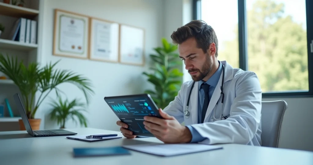 Médico usando tablet com interface digital de inteligência artificial em consultório moderno