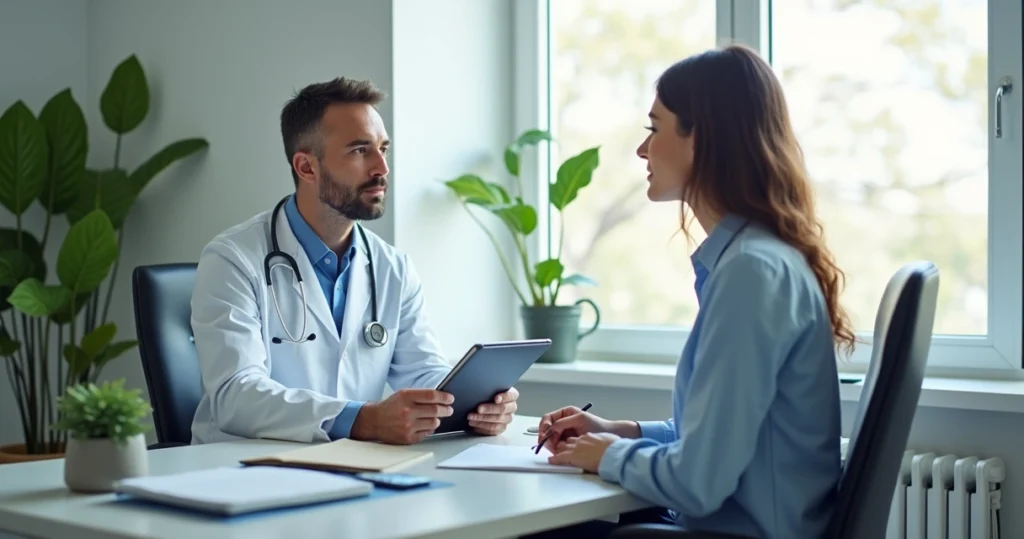 Médico conduzindo entrevista médica com paciente em consultório, computador e prontuário aberto ao fundo, iluminação natural
