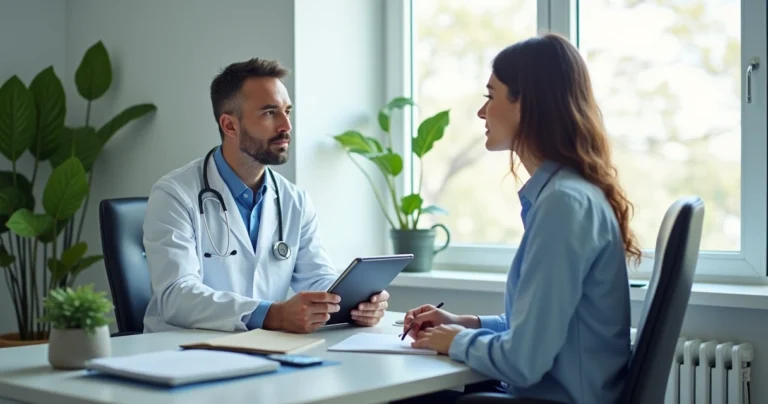 Médico conduzindo entrevista médica com paciente em consultório, computador e prontuário aberto ao fundo, iluminação natural
