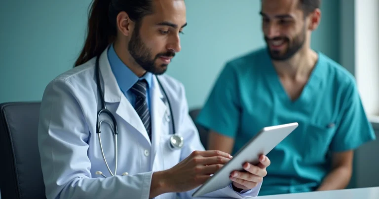 Médico utilizando tablet para anamnese digital durante consulta em consultório moderno