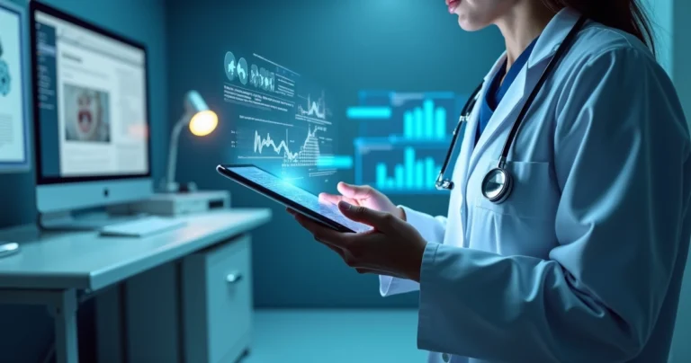 Médico usando tablet para consulta com interface digital de inteligência artificial exibida ao fundo