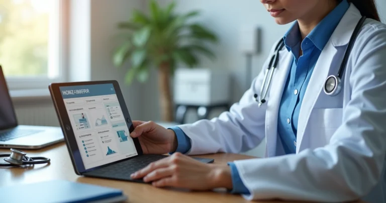 Médico utilizando ficha de anamnese digital em tablet com interface moderna e organizada