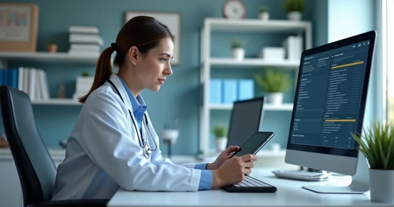 Médico usando software de transcrição médica em tablet numa clínica moderna