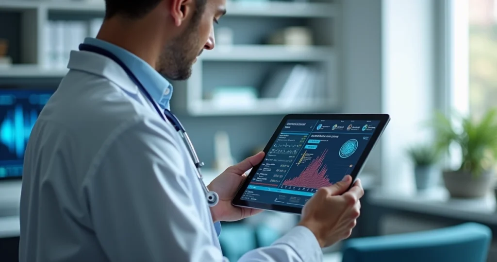 Médico utilizando tablet com interface de inteligência artificial exibindo dados clínicos e gráficos em ambiente de consultório moderno