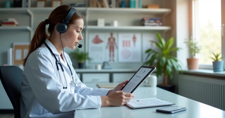 Médico em consultório usando tablet com transcrição automática de consulta em tela