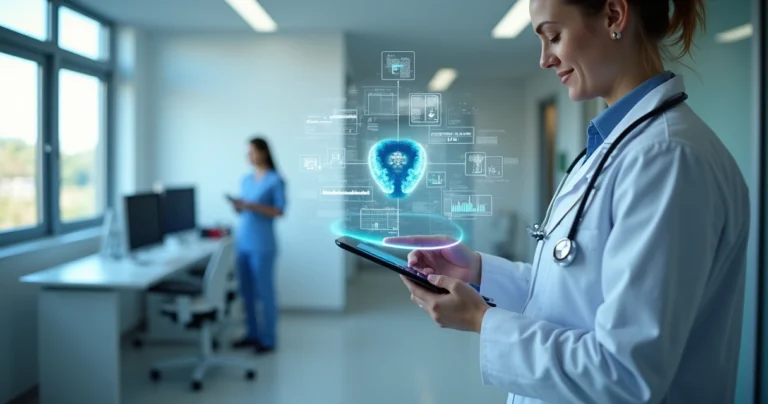 Médico usando tablet com interface de inteligência artificial em ambiente clínico moderno