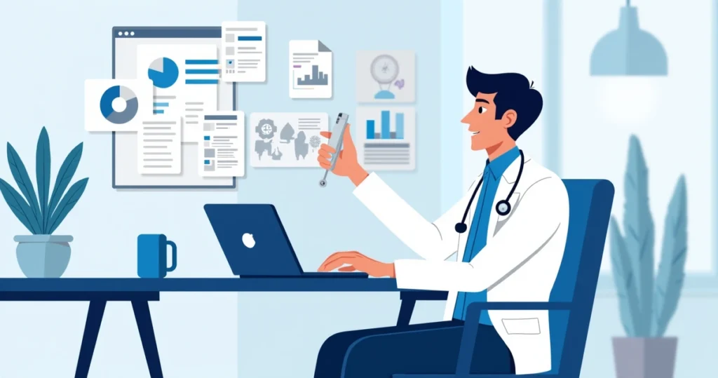 Ilustração corporativa mostrando médico avaliando software de transcrição médica em múltiplos dispositivos