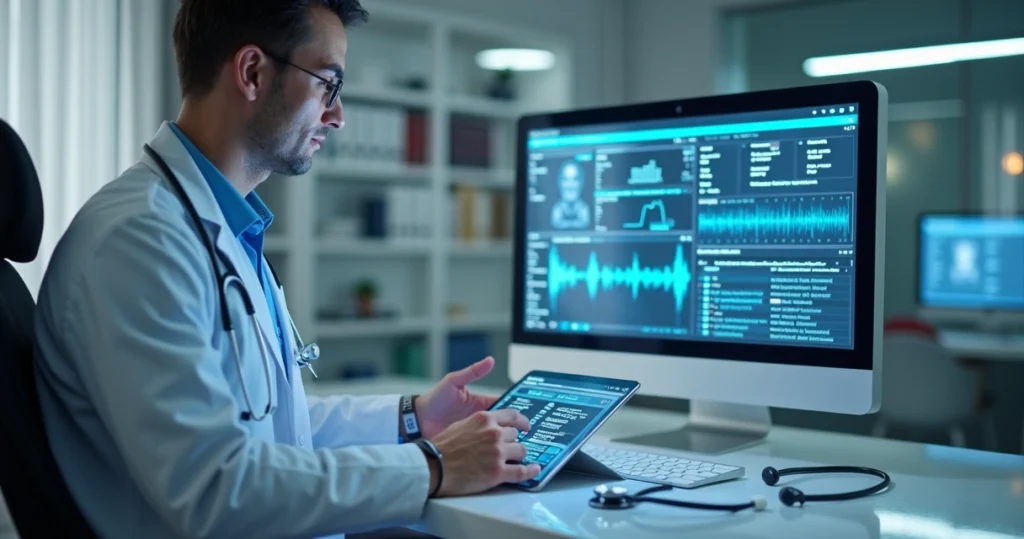 Médico usando tablet com interface digital de inteligência artificial em clínica moderna