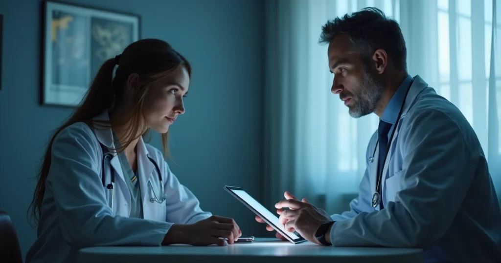 Médico coletando anamnese com paciente em consultório iluminado, registro da conversa em tablet digital