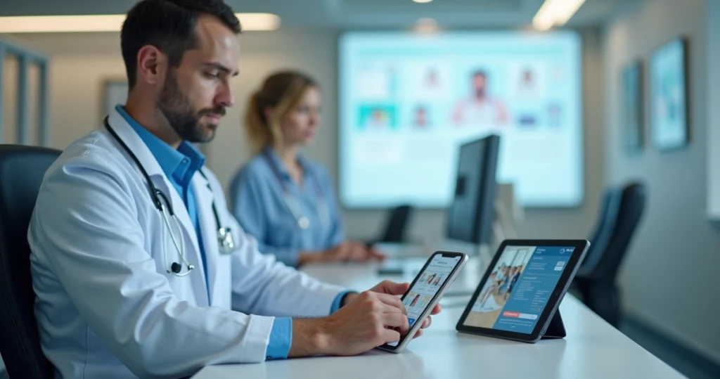 Médico usando tablet e smartphone com aplicativos médicos em ambiente de consultório moderno