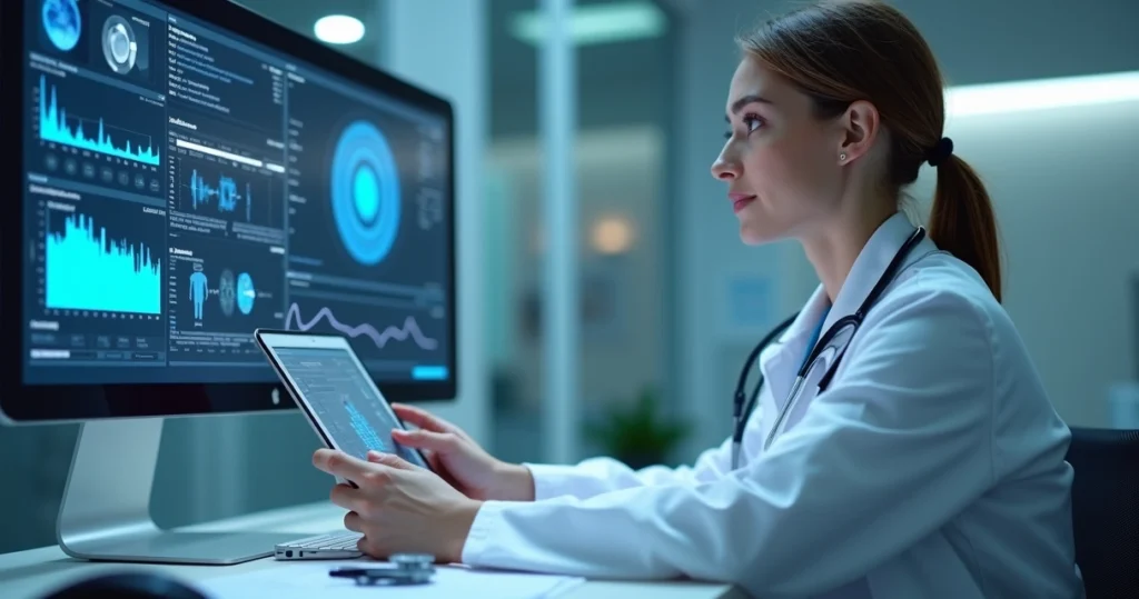 Médico usando tablet digital com interface de inteligência artificial na clínica médica moderna