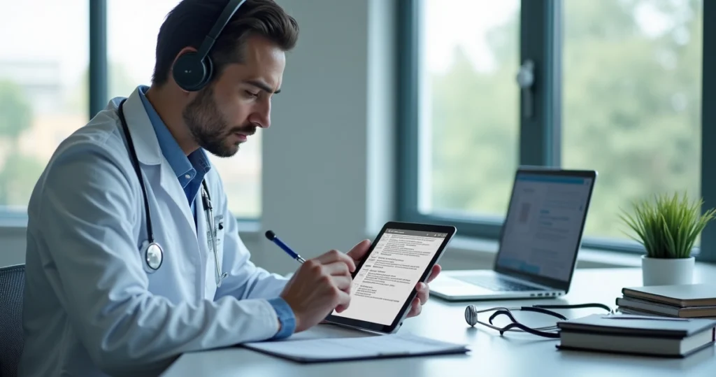 Médico usando software de transcrição de consultas em tablet na clínica