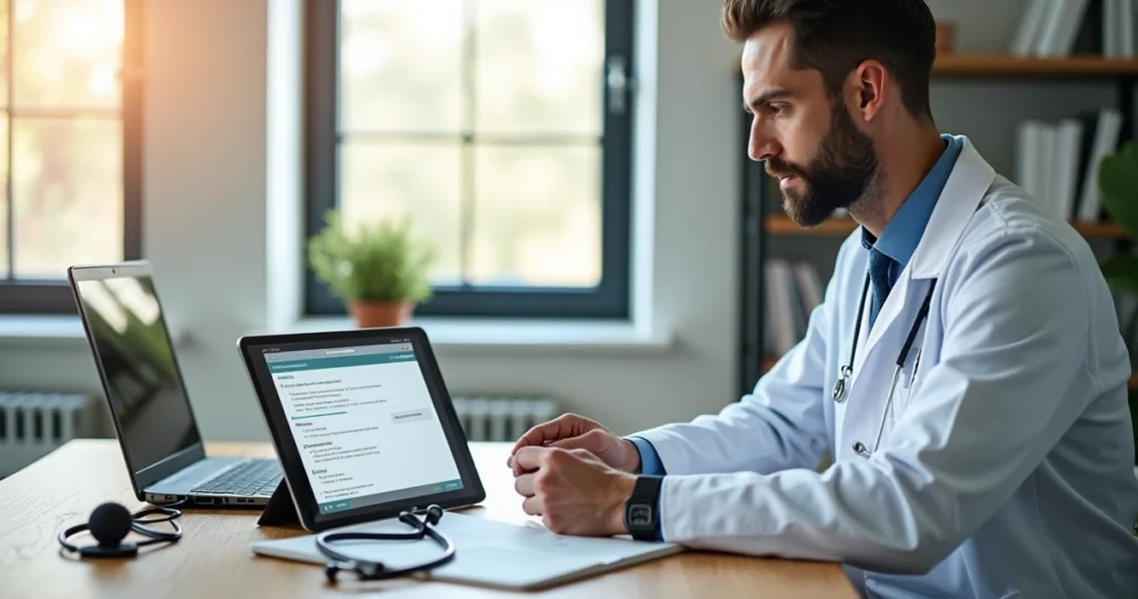 Médico usando plataforma digital para transcrição automática de consulta médica em tablet