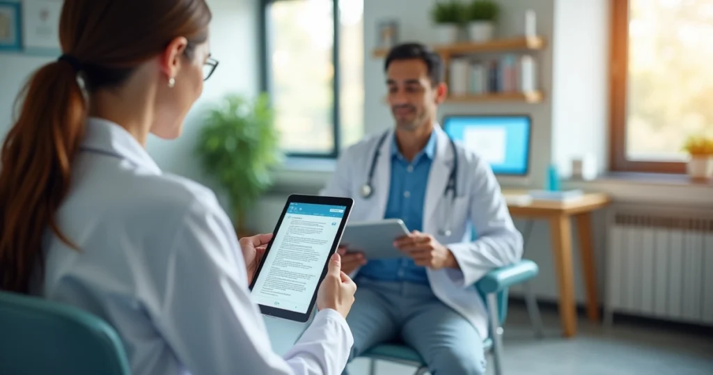 Médico usando tablet para transcrição automática de consulta médica com inteligência artificial na clínica
